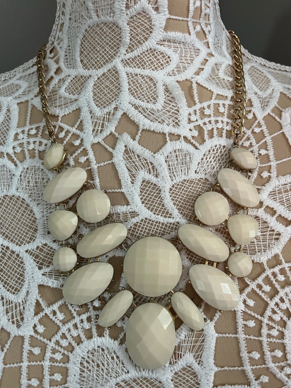 Women’s Statement Bib Necklace - Cream Gold Tone
